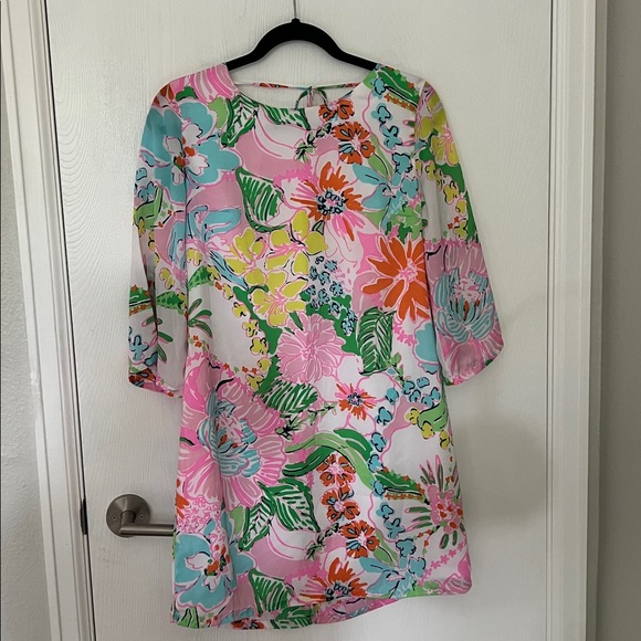 Lilly Pulitzer for Target Nosey Posey Pink Silky Mini Dress with Quarter Sleeves - Picture 2 of 8